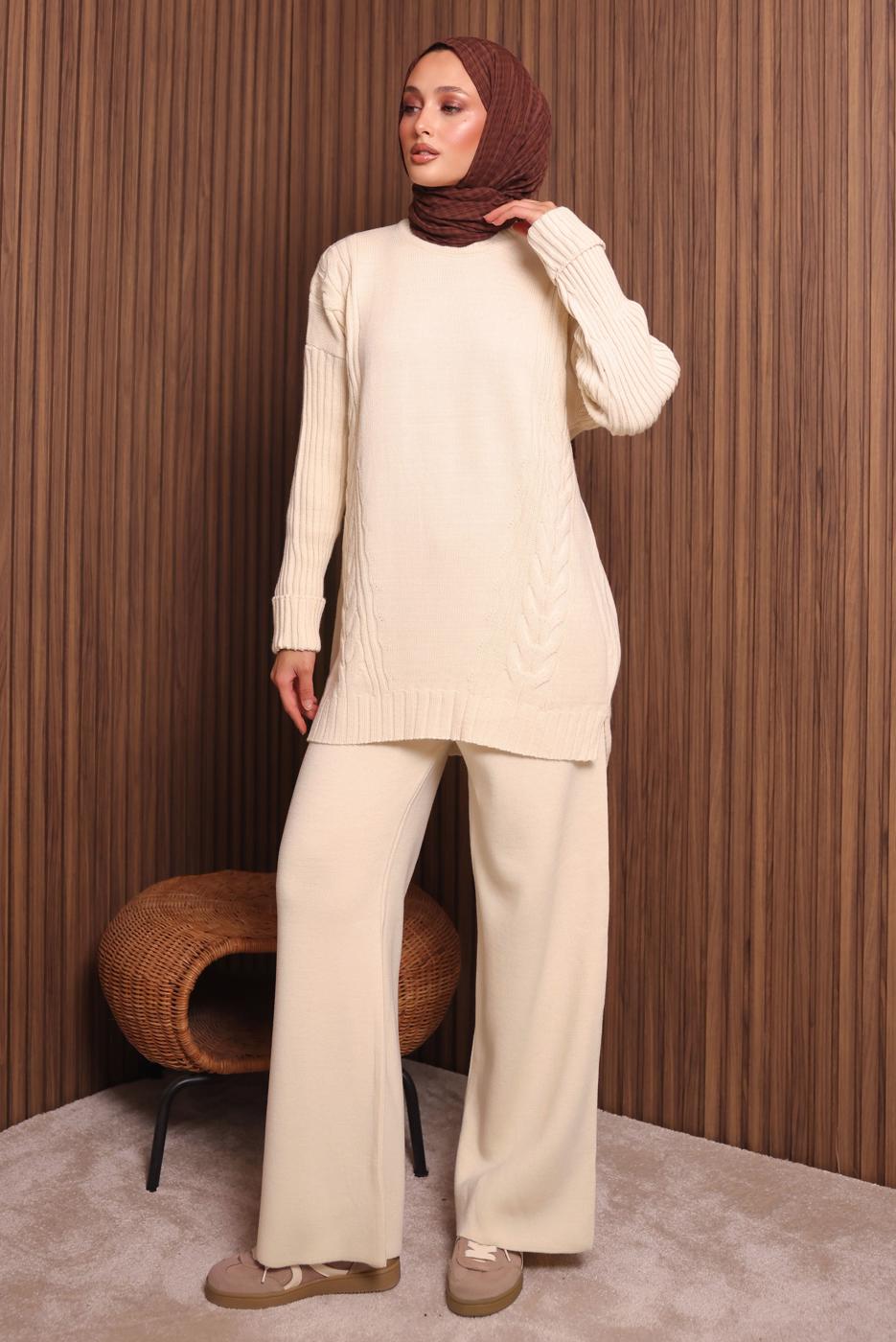 Tesettür giyim EKRU PANTOLONLU TRİKO TAKIM T 6307