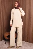 Tesettür giyim EKRU PANTOLONLU TRİKO TAKIM T 6307