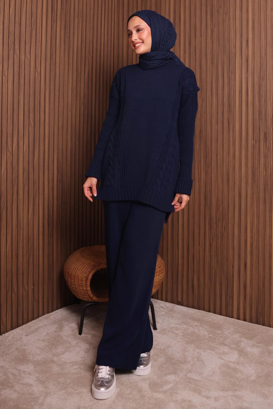 Tesettür giyim LACİVERT PANTOLONLU TRİKO TAKIM T 6307
