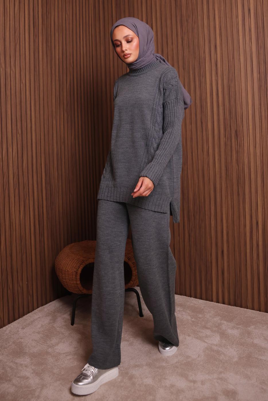Tesettür giyim GRİ PANTOLONLU TRİKO TAKIM T 6307