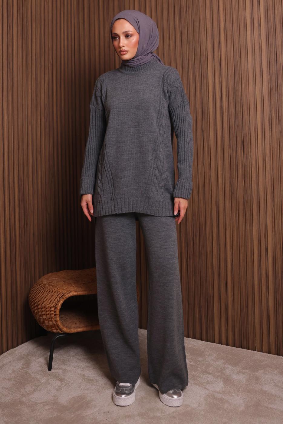 Tesettür giyim GRİ PANTOLONLU TRİKO TAKIM T 6307