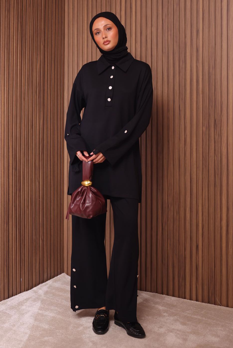 Tesettür giyim SİYAH DÜĞME DETAYLI PANTOLONLU TAKIM T 7035