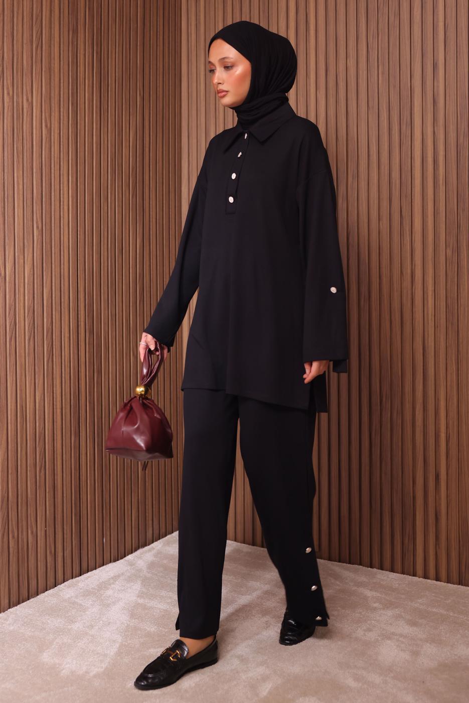 Tesettür giyim SİYAH DÜĞME DETAYLI PANTOLONLU TAKIM T 7035