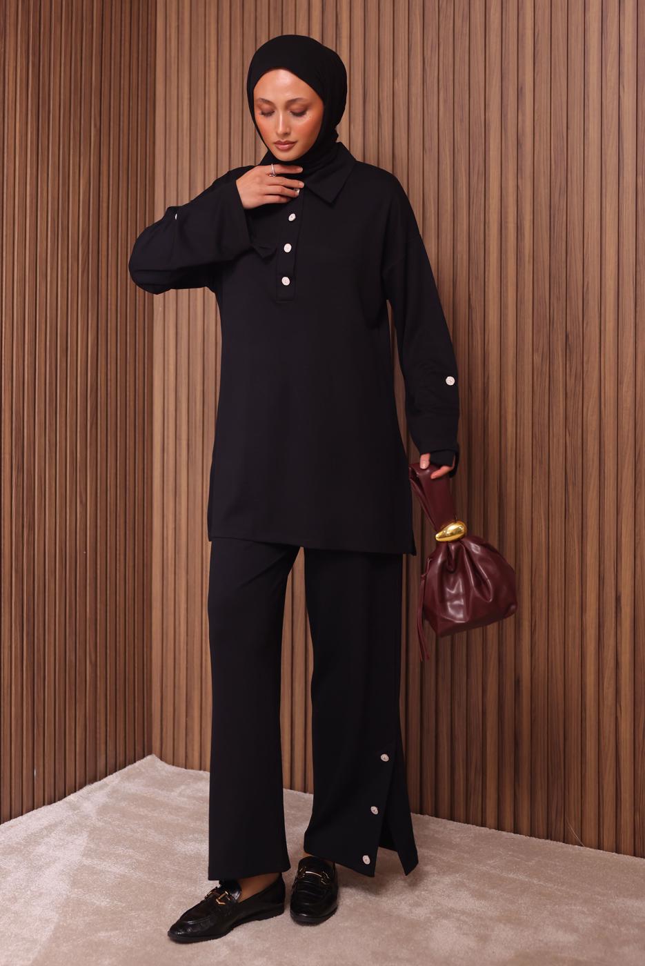 Tesettür giyim SİYAH DÜĞME DETAYLI PANTOLONLU TAKIM T 7035