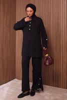 Tesettür giyim SİYAH DÜĞME DETAYLI PANTOLONLU TAKIM T 7035