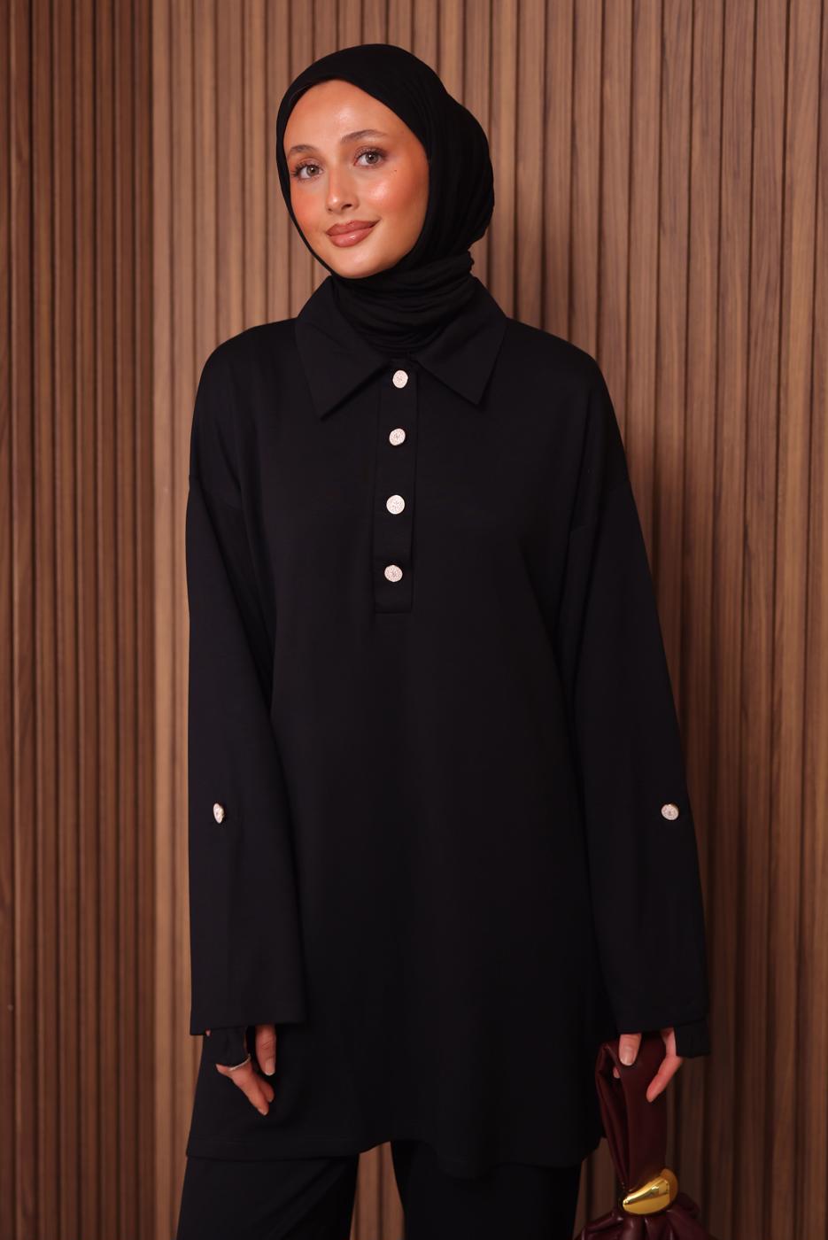 Tesettür giyim SİYAH DÜĞME DETAYLI PANTOLONLU TAKIM T 7035