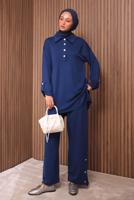 Tesettür giyim LACİVERT DÜĞME DETAYLI PANTOLONLU TAKIM T 7035