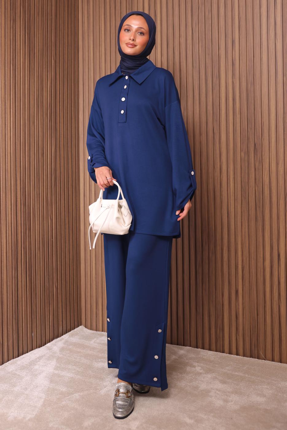 Tesettür giyim LACİVERT DÜĞME DETAYLI PANTOLONLU TAKIM T 7035