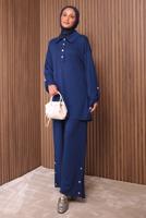 Tesettür giyim LACİVERT DÜĞME DETAYLI PANTOLONLU TAKIM T 7035