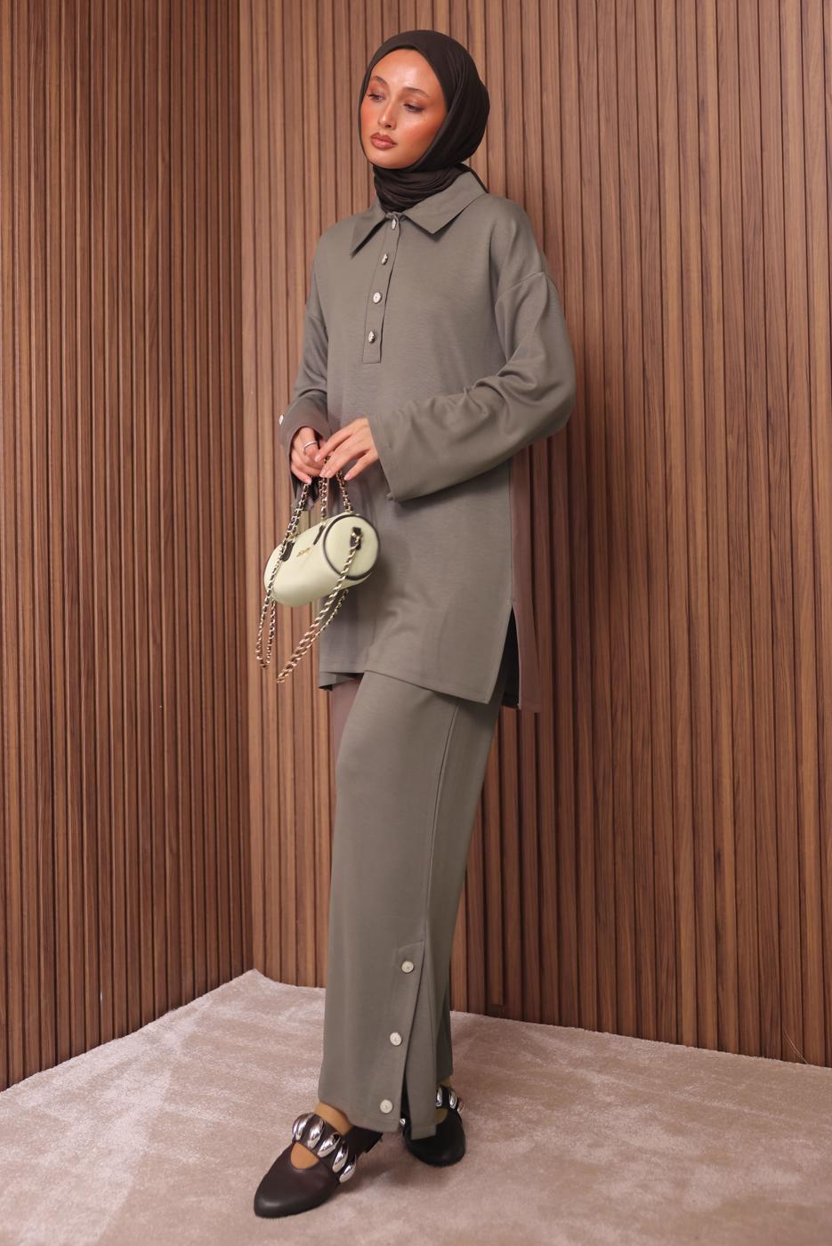 Tesettür giyim VİZON DÜĞME DETAYLI PANTOLONLU TAKIM T 7035