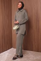 Tesettür giyim VİZON DÜĞME DETAYLI PANTOLONLU TAKIM T 7035