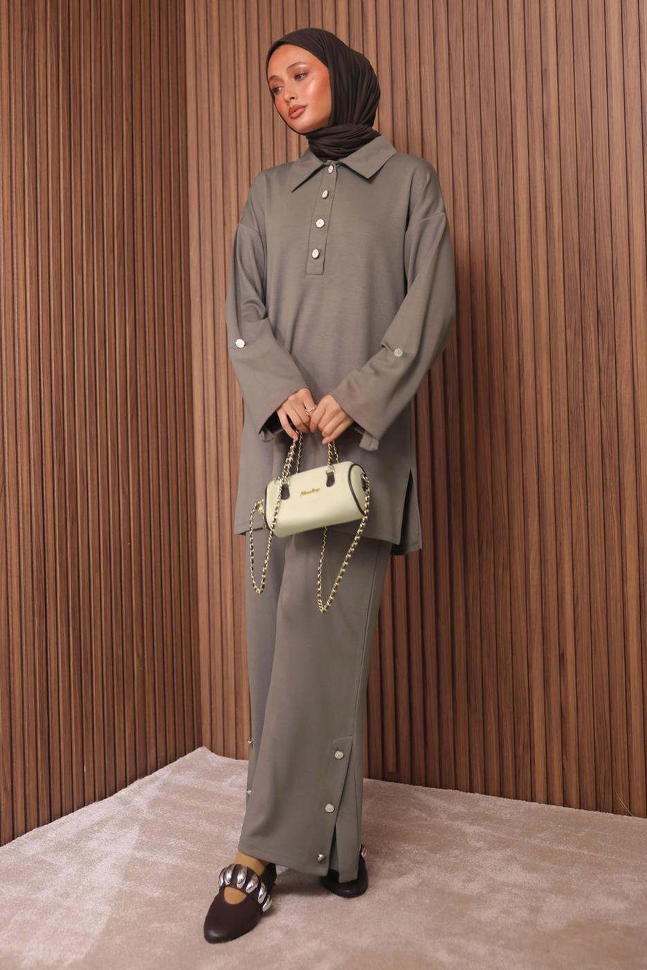 Tesettür giyim VİZON DÜĞME DETAYLI PANTOLONLU TAKIM T 7035