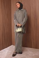 Tesettür giyim VİZON DÜĞME DETAYLI PANTOLONLU TAKIM T 7035