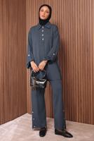 Tesettür giyim GRİ DÜĞME DETAYLI PANTOLONLU TAKIM T 7035