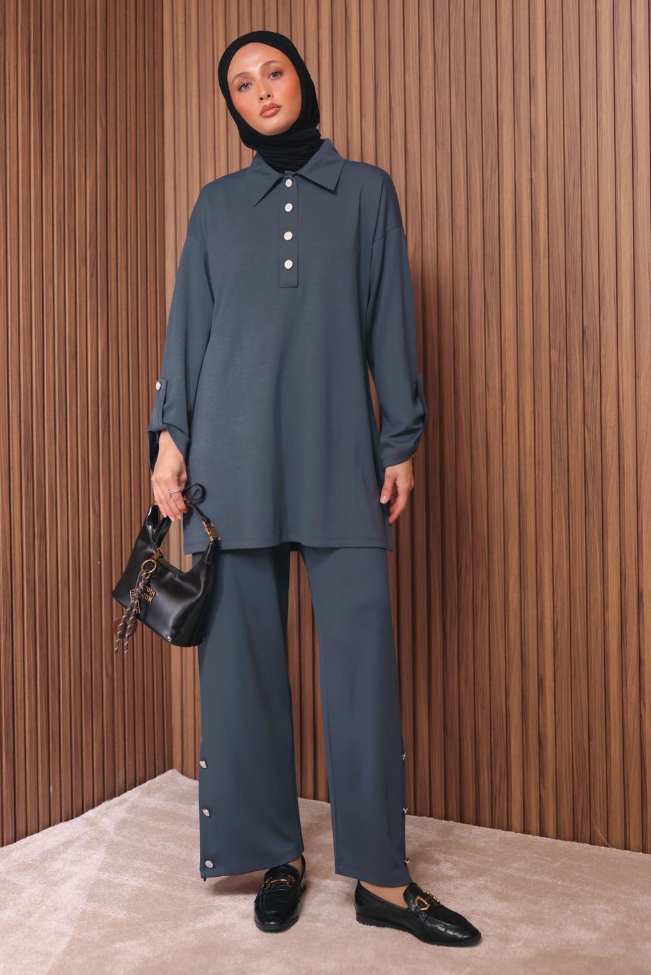 Tesettür giyim GRİ DÜĞME DETAYLI PANTOLONLU TAKIM T 7035