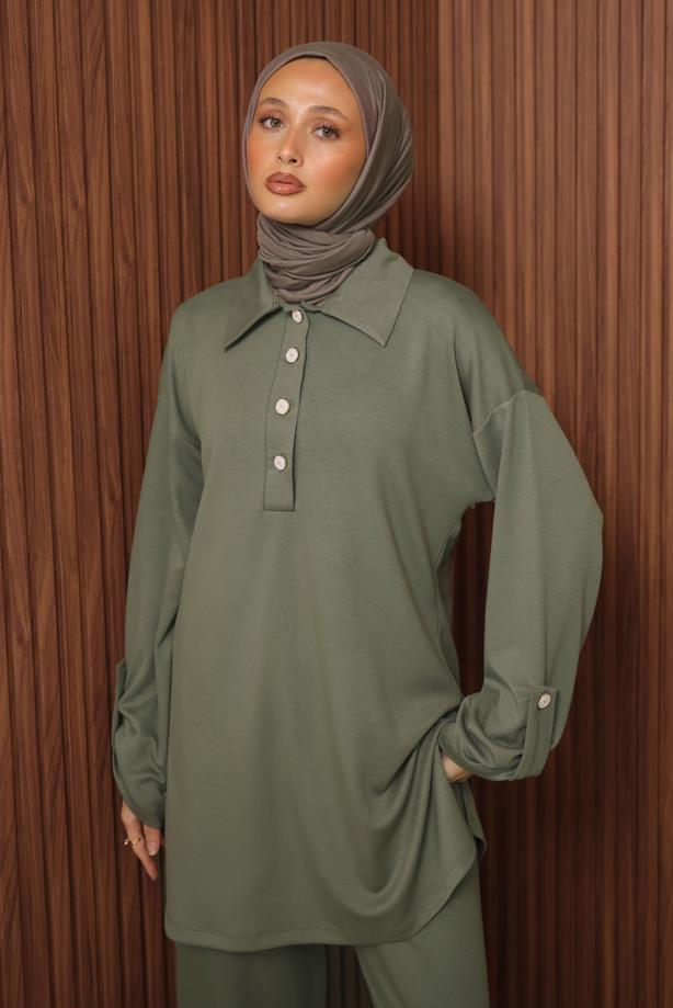 Hijab clothing GREEN BUTTON DETAILED PANTSUIT T 7035  - TRENDTESETTÜR