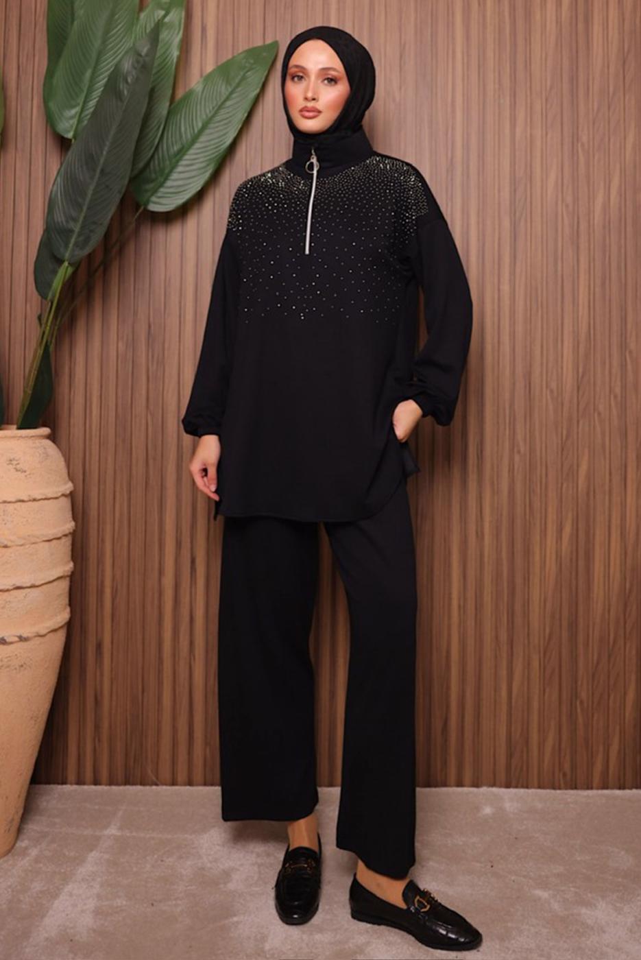 Tesettür giyim SİYAH TAŞLI PANTOLONLU TAKIM T 7135