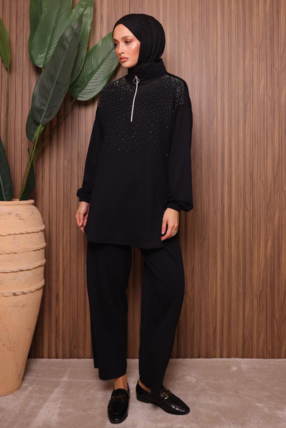 Tesettür giyim SİYAH TAŞLI PANTOLONLU TAKIM T 7135