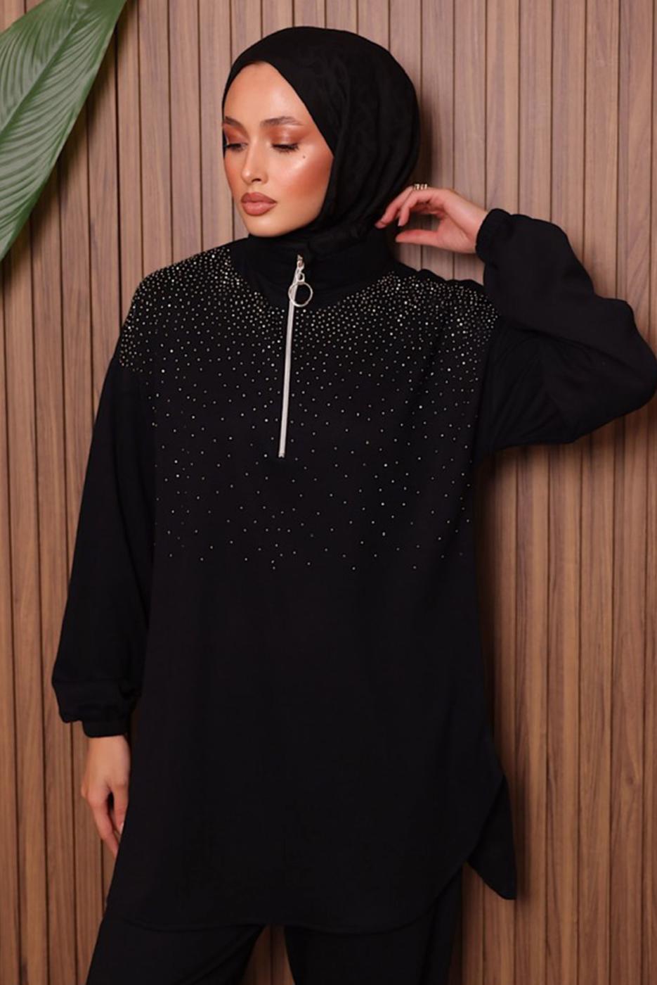 Tesettür giyim SİYAH TAŞLI PANTOLONLU TAKIM T 7135