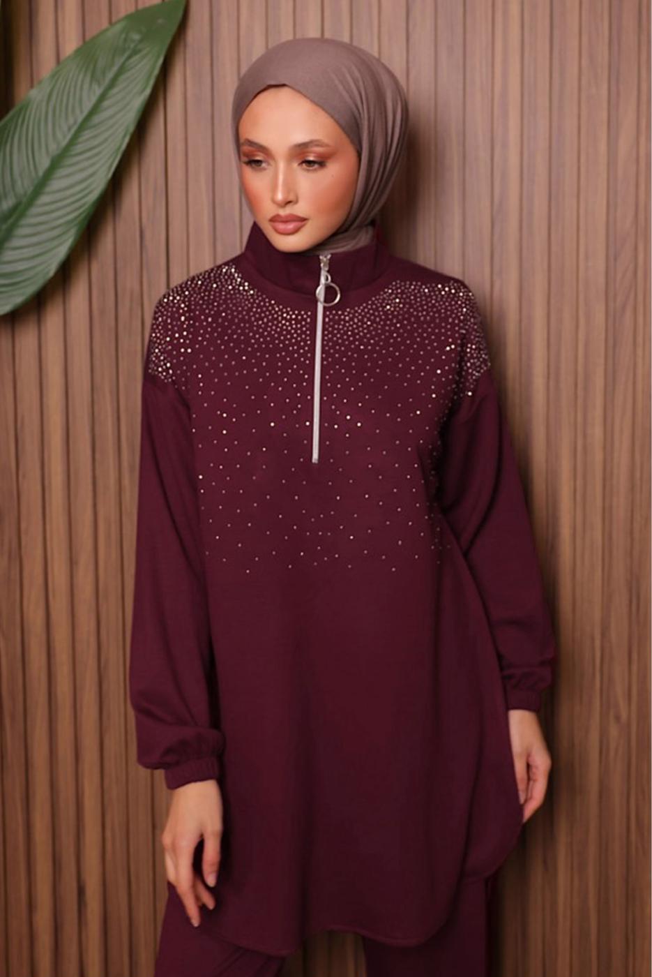 Tesettür giyim BORDO TAŞLI PANTOLONLU TAKIM T 7135