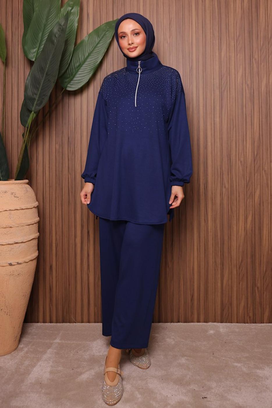 Tesettür giyim LACİVERT TAŞLI PANTOLONLU TAKIM T 7135