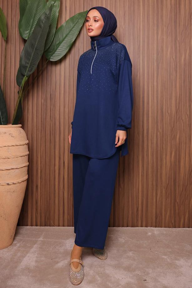 Hijab clothing NAVY BLUE GEM DETAILED TROUSER SUIT T 7135 - TRENDTESETTÜR