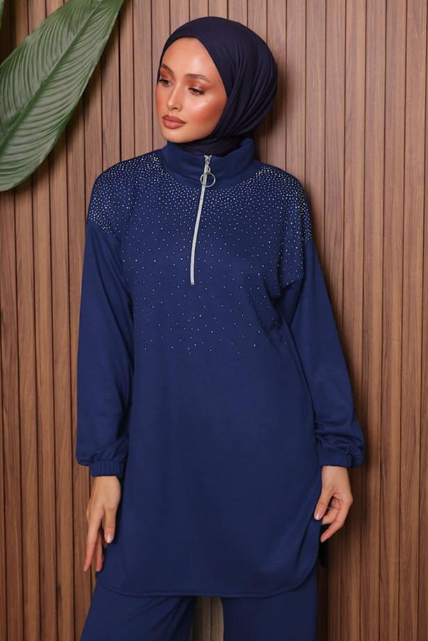 Hijab clothing NAVY BLUE GEM DETAILED TROUSER SUIT T 7135 - TRENDTESETTÜR