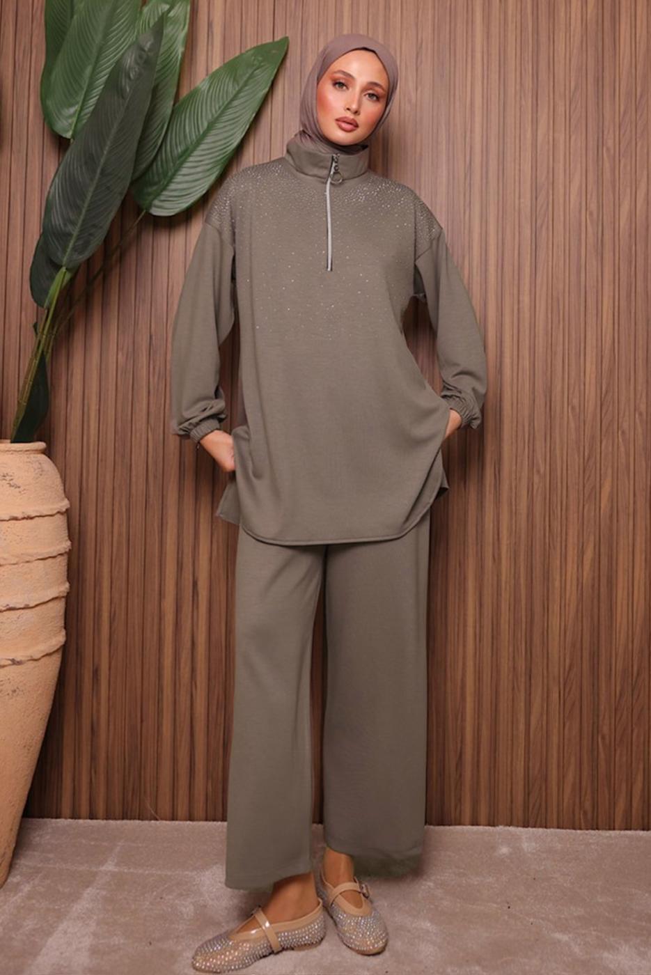 Tesettür giyim VİZON TAŞLI PANTOLONLU TAKIM T 7135