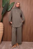 Tesettür giyim VİZON TAŞLI PANTOLONLU TAKIM T 7135