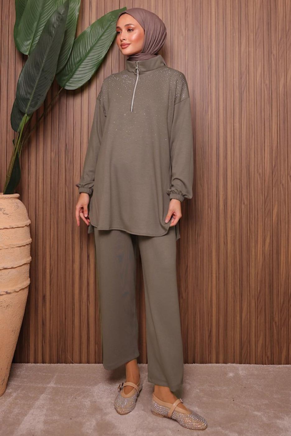 Tesettür giyim VİZON TAŞLI PANTOLONLU TAKIM T 7135