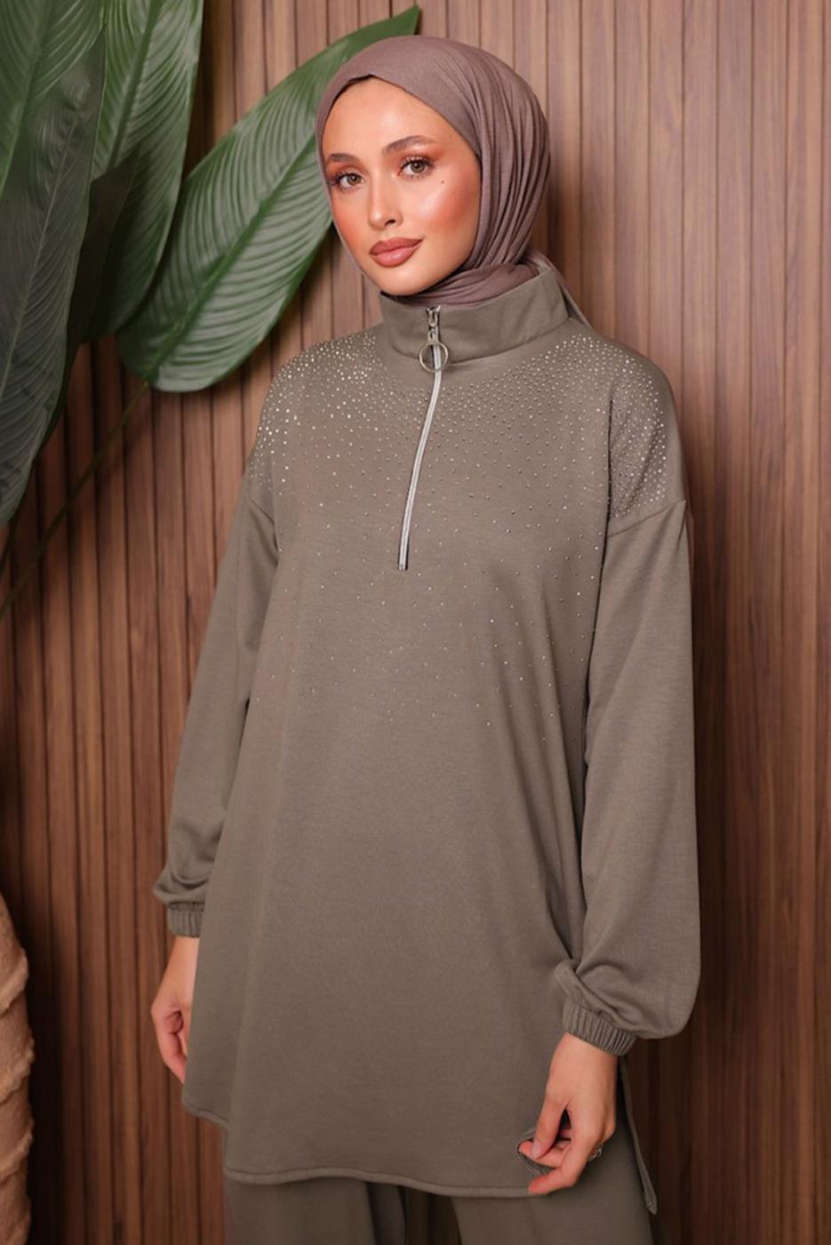 Tesettür giyim VİZON TAŞLI PANTOLONLU TAKIM T 7135