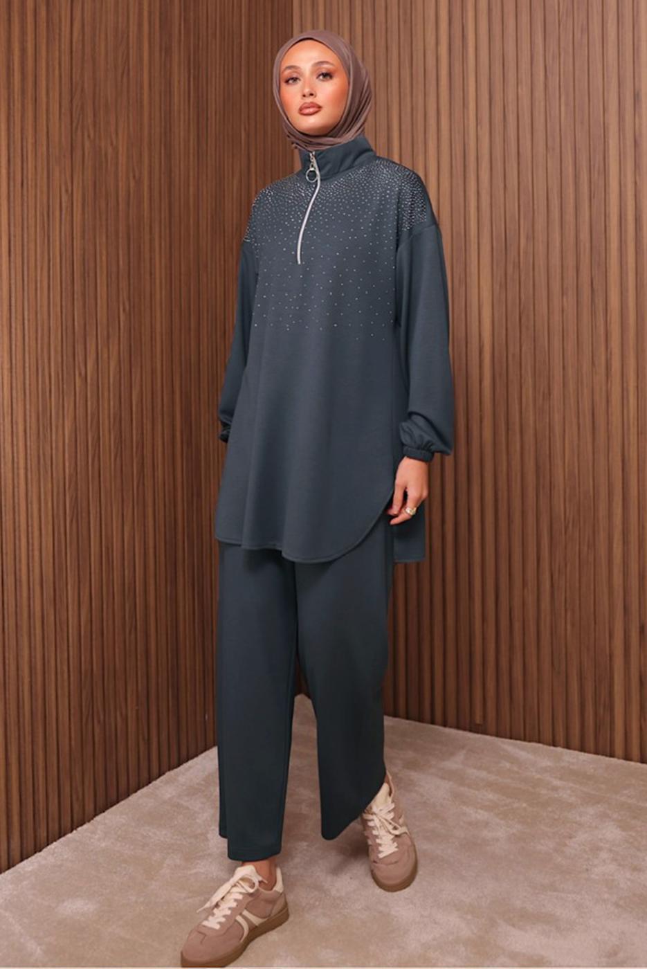 Tesettür giyim GRİ TAŞLI PANTOLONLU TAKIM T 7135