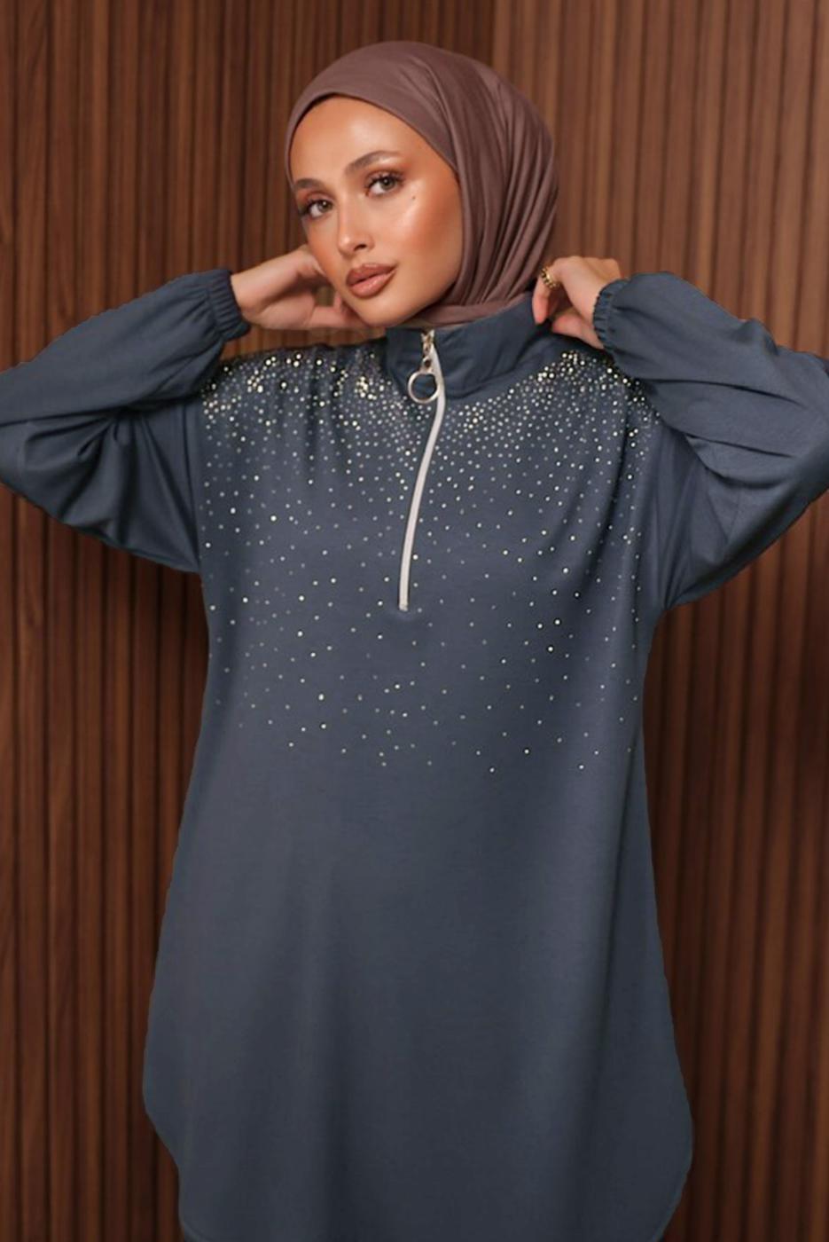 Tesettür giyim GRİ TAŞLI PANTOLONLU TAKIM T 7135