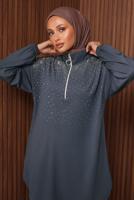 Tesettür giyim GRİ TAŞLI PANTOLONLU TAKIM T 7135