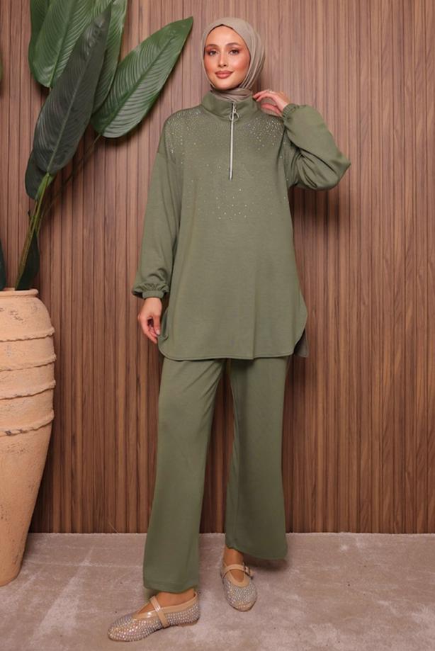 Tesettür giyim YEŞİL TAŞLI PANTOLONLU TAKIM T 7135 - TRENDTESETTÜR