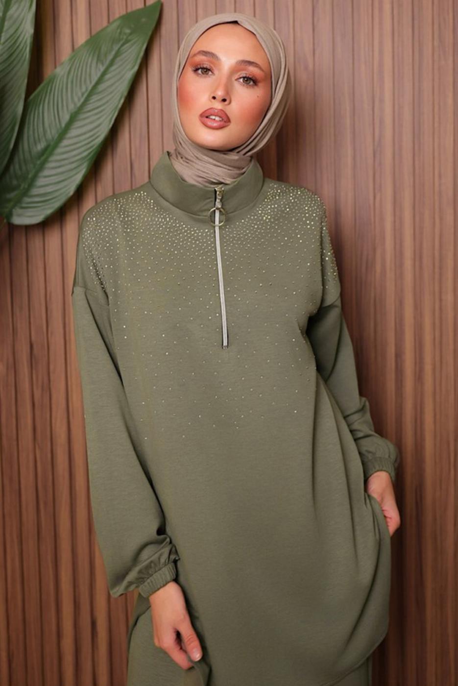 Tesettür giyim YEŞİL TAŞLI PANTOLONLU TAKIM T 7135