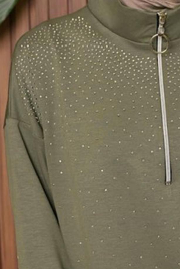 Tesettür giyim YEŞİL TAŞLI PANTOLONLU TAKIM T 7135 - TRENDTESETTÜR