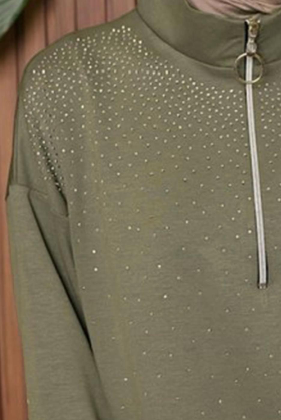 Tesettür giyim YEŞİL TAŞLI PANTOLONLU TAKIM T 7135