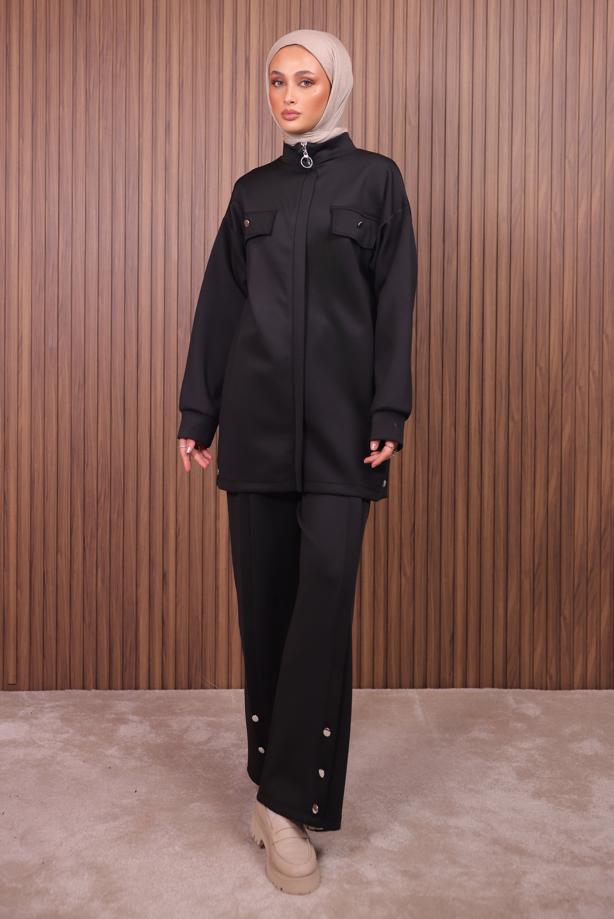 Tesettür giyim SİYAH PANTOLONLU SCUBA ÖRME TAKIM T 7235 - TRENDTESETTÜR