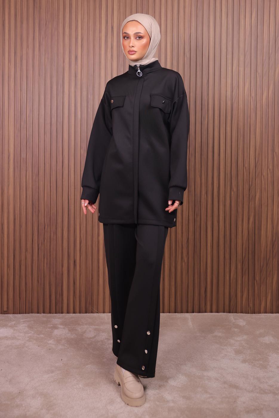 Tesettür giyim SİYAH PANTOLONLU SCUBA ÖRME TAKIM T 7235