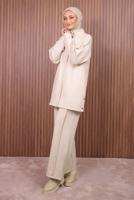 Tesettür giyim BEJ PANTOLONLU SCUBA ÖRME TAKIM T 7235