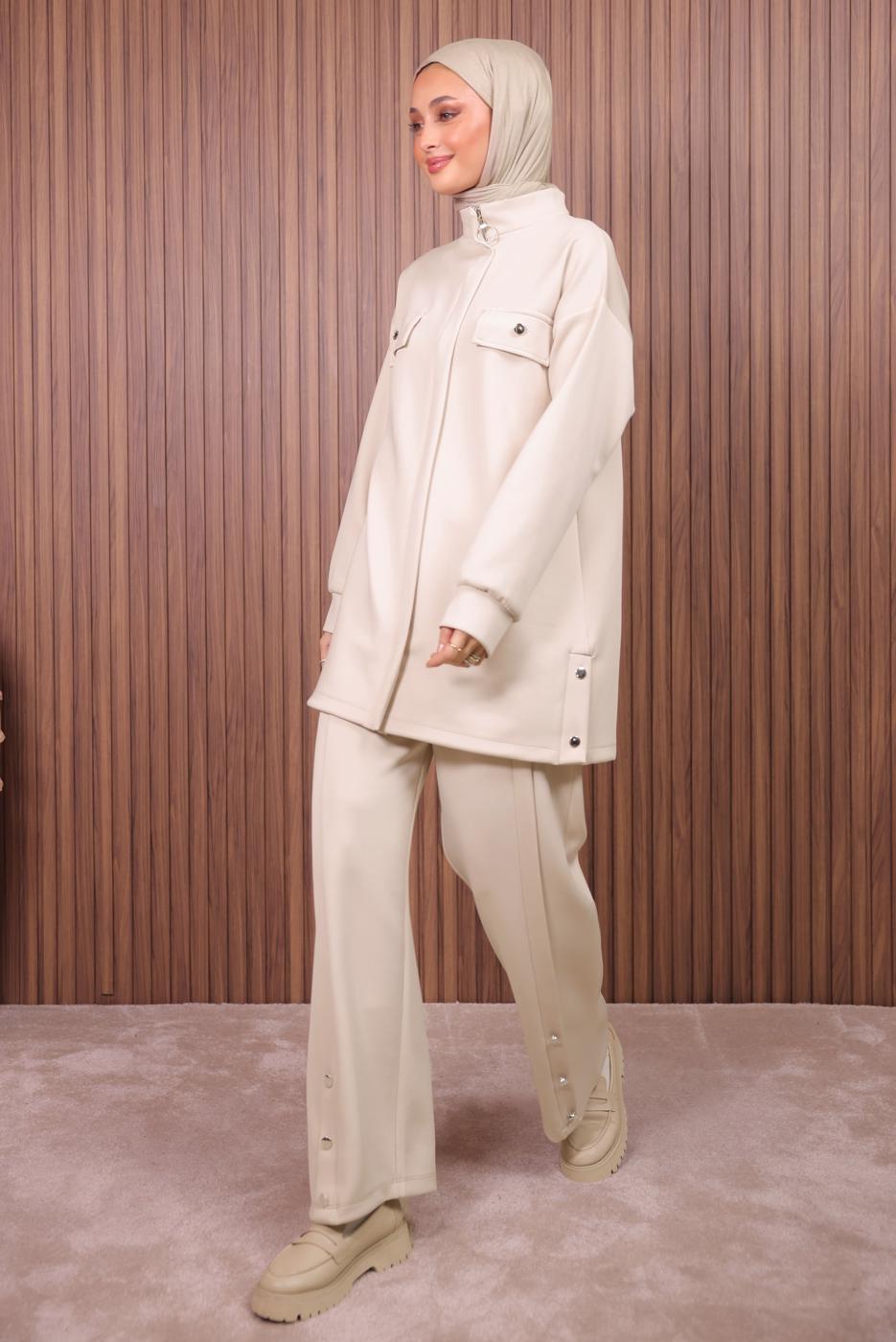 Tesettür giyim BEJ PANTOLONLU SCUBA ÖRME TAKIM T 7235