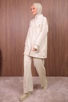 Tesettür giyim BEJ PANTOLONLU SCUBA ÖRME TAKIM T 7235