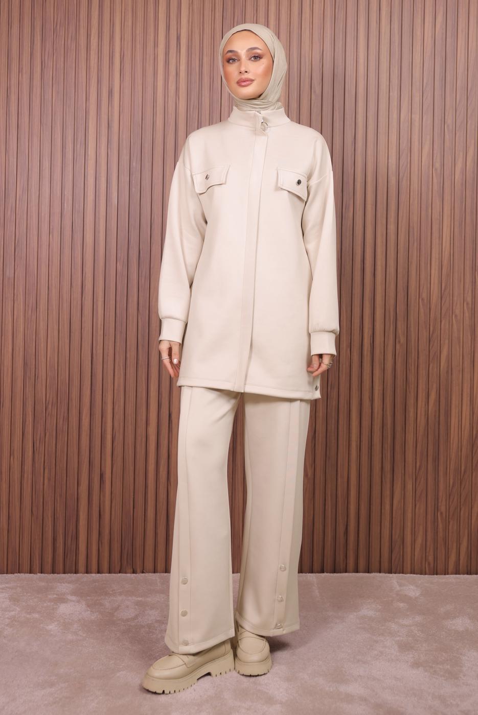 Tesettür giyim BEJ PANTOLONLU SCUBA ÖRME TAKIM T 7235