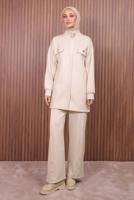 Tesettür giyim BEJ PANTOLONLU SCUBA ÖRME TAKIM T 7235