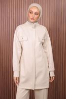 Tesettür giyim BEJ PANTOLONLU SCUBA ÖRME TAKIM T 7235