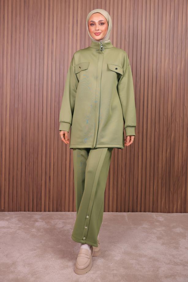 Tesettür giyim YEŞİL PANTOLONLU SCUBA ÖRME TAKIM T 7235 - TRENDTESETTÜR