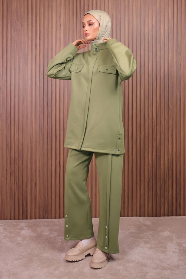 Tesettür giyim YEŞİL PANTOLONLU SCUBA ÖRME TAKIM T 7235 - TRENDTESETTÜR