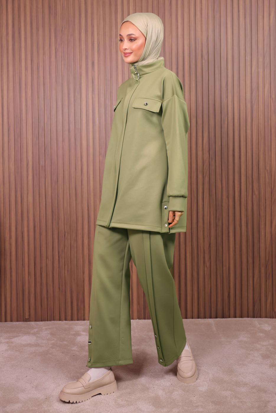 Tesettür giyim YEŞİL PANTOLONLU SCUBA ÖRME TAKIM T 7235