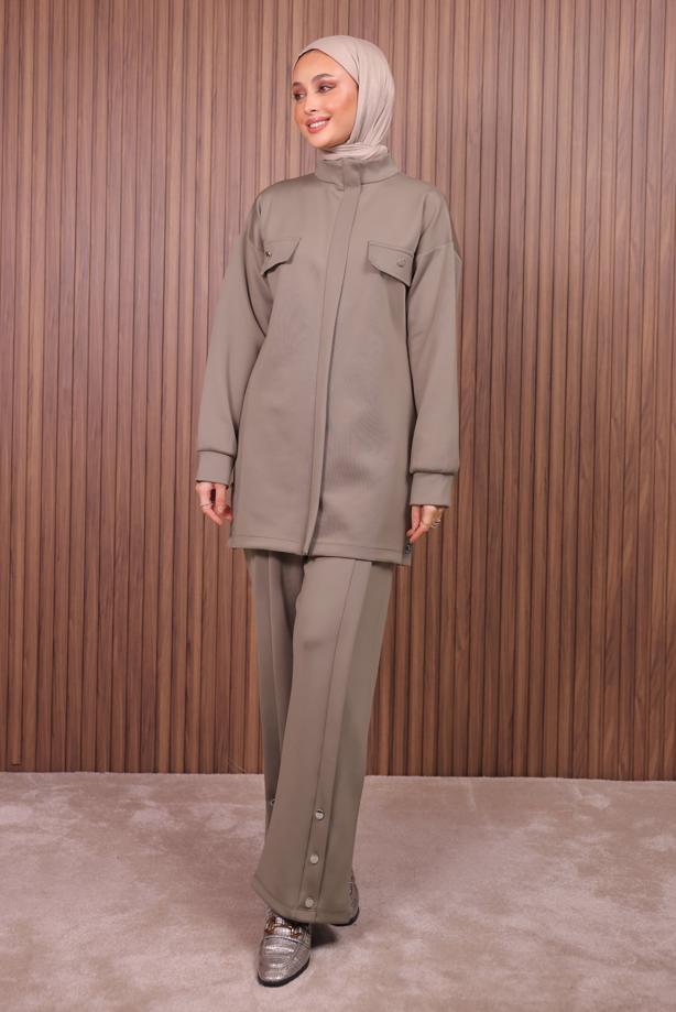 Tesettür giyim KAHVE PANTOLONLU SCUBA ÖRME TAKIM T 7235 - TRENDTESETTÜR